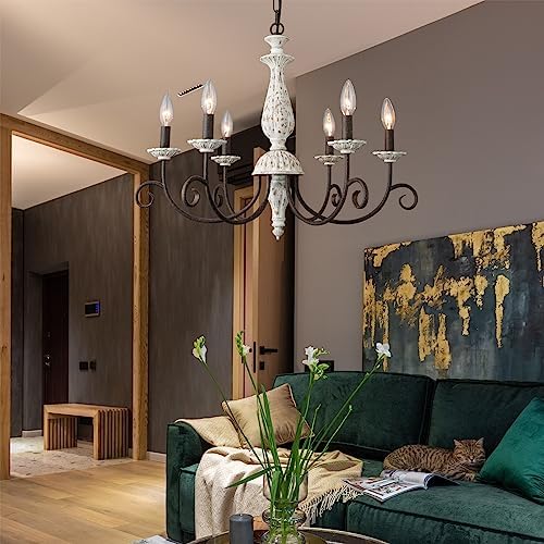 Farmhouse Chandelier 6 Light White Wood Black Metal Pendant