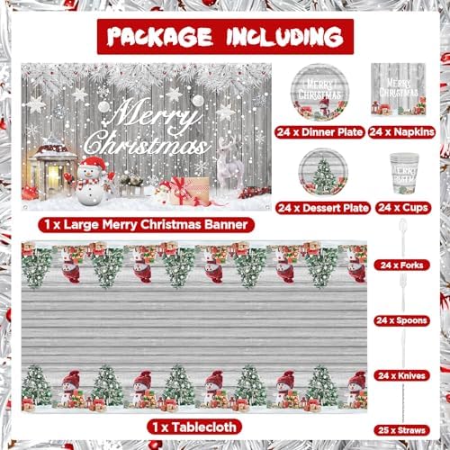 195PCS Silver Christmas Party Supplies Tableware Set for 24 Guests