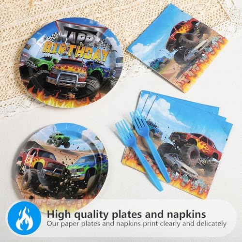 Grencian 96Pcs Monster Truck Party Plates and Napkins for Kids