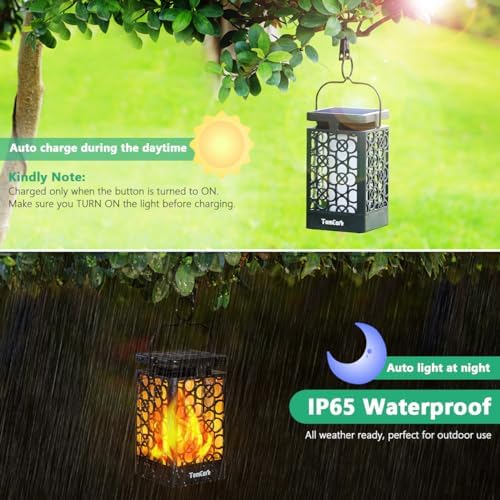 TomCare Solar Lanterns Outdoor 2 Pack Flickering Flame
