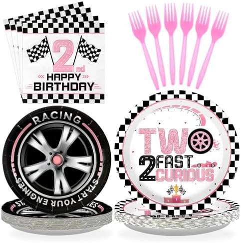 Grencian 96Pcs Pink Race Car Party Tableware Set for 2nd Birthday