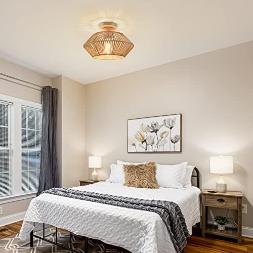 6-Light Black Farmhouse Chandelier with 1-Light Rattan Ceiling Light