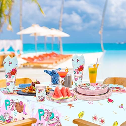 Summer Pool Party Decorations 121PCS Pink Plates Napkins Set