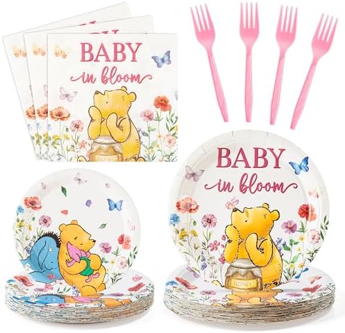 Wildflower Winnie Party Plates Set - 96PCS Disposable Dinnerware for 24 Guests