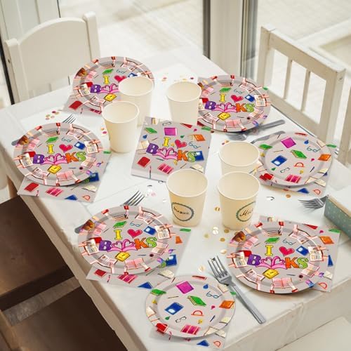 Wiooffen 96 Pcs Book Themed Party Plates Napkins Set for 24 Guests