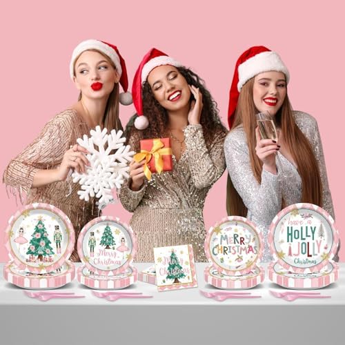 96pcs Christmas Nutcrackers Plates Napkins Set Pink