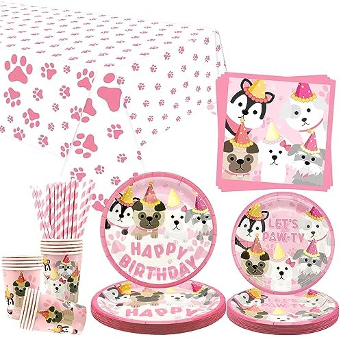 Pink Puppy Birthday Tableware Set for 20 Guests