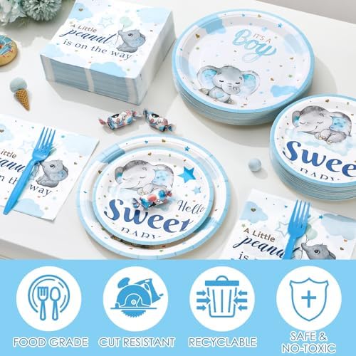 Havawish Blue Elephant Baby Shower Plates and Napkins Set