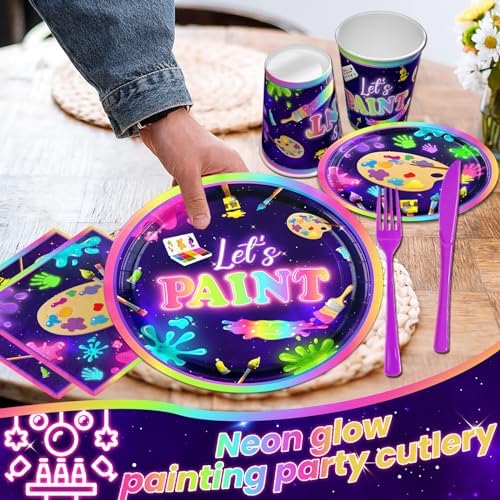 Neon Paint Splatter Party Tableware Set 142pcs