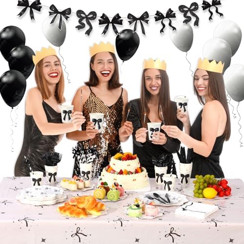 Sawysine 202 Pcs Black Bow Party Supplies Set for 25 Guests