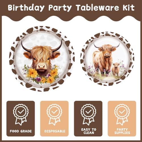 Highland Cow Themed Party Plates Napkins Set for Kids 24 Guests