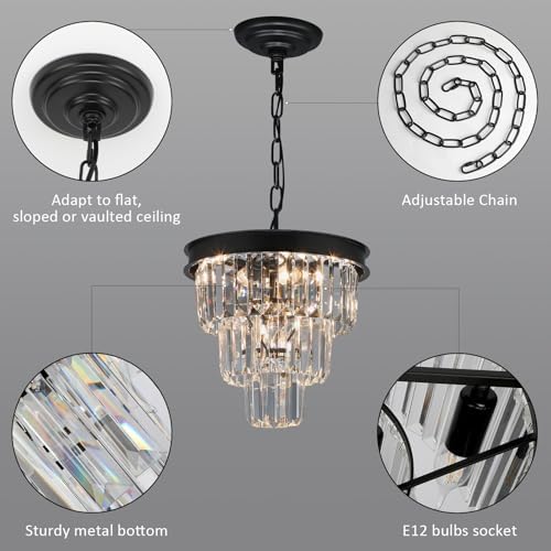 Modern Black Crystal Chandelier 3-Tier Dining Room Light Fixture