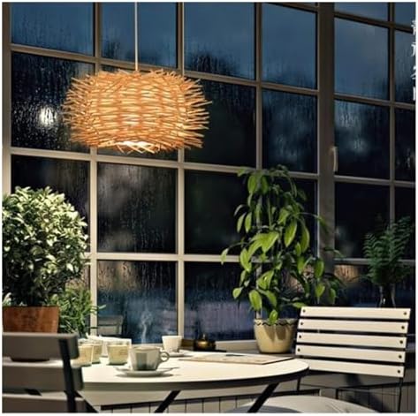 Style Rattan Cage Chandelier Woven Beige Wicker Rustic Pendant Light