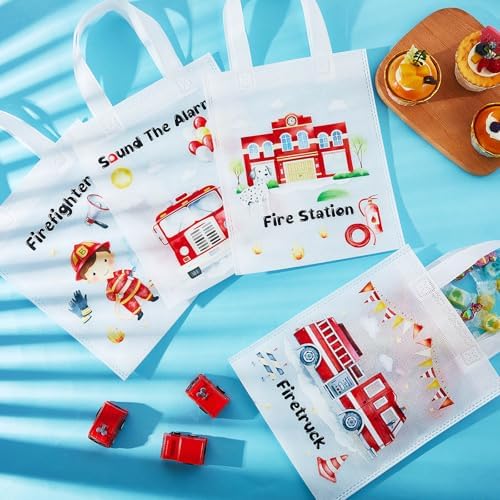 24 Pcs Watercolour Firetruck Party Favors Non Woven Bags with Handles