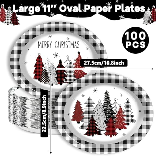 Wiooffen 100 PCS Christmas Oval Paper Plates 11 Inch Buffalo Plaid Party Supplies