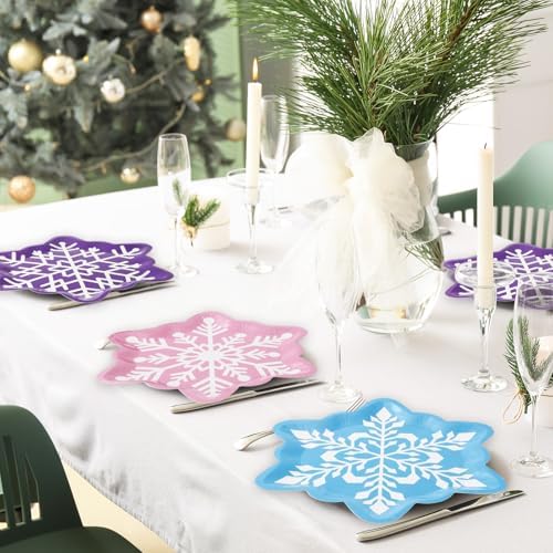 60Pcs Winter Snowflake Paper Plates with Pink Blue Purple Design