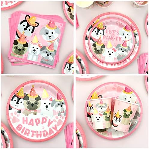 Pink Puppy Birthday Tableware Set for 20 Guests