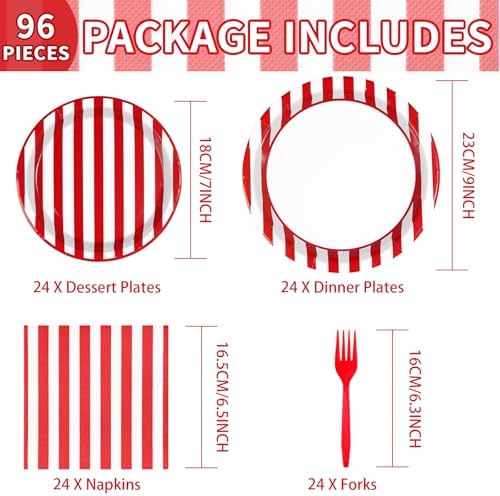 96Pcs Red and White Striped Party Supplies Set for 24