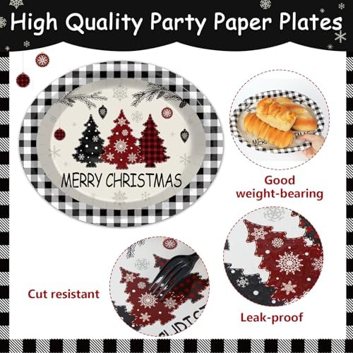 50 Count Christmas Buffalo Plaid Oval Paper Plates 11x9 Inch Party Supplies