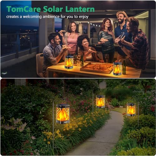 TomCare Solar Lanterns Outdoor 2 Pack Flickering Flame