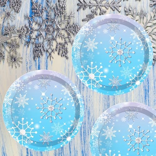 24Pcs Blue Christmas Theme Paper Plates Snowflakes Party Set