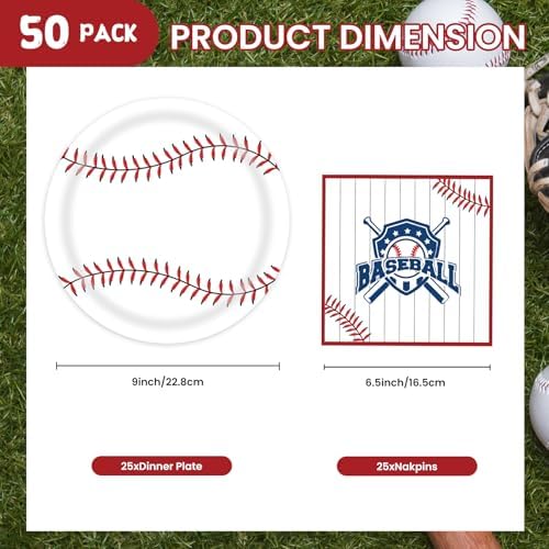 50 Pcs Baseball Party Plates and Napkins for Birthday