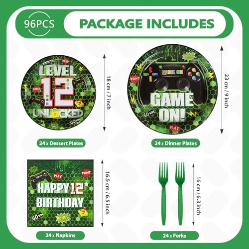 Grencian 96Pcs Gaming 12th Birthday Party Tableware Set