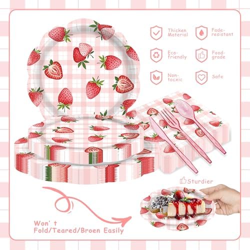 Strawberry Party Tableware Set 24 Guest Disposable Plates Cups Straws