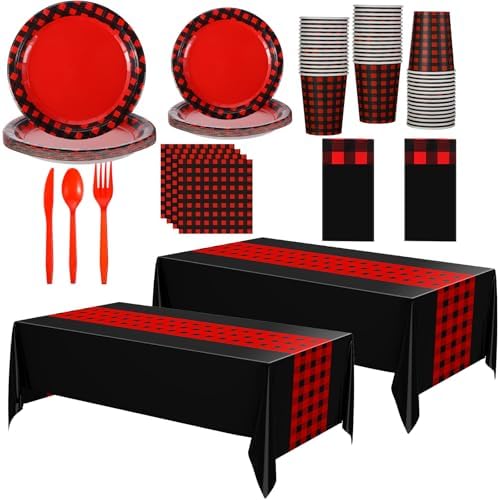 Oudain 162 Pcs Red Black Plaid Tableware Set