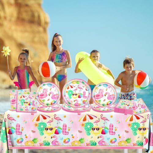 61pcs Pink Pool Party Plates Napkins Tableware