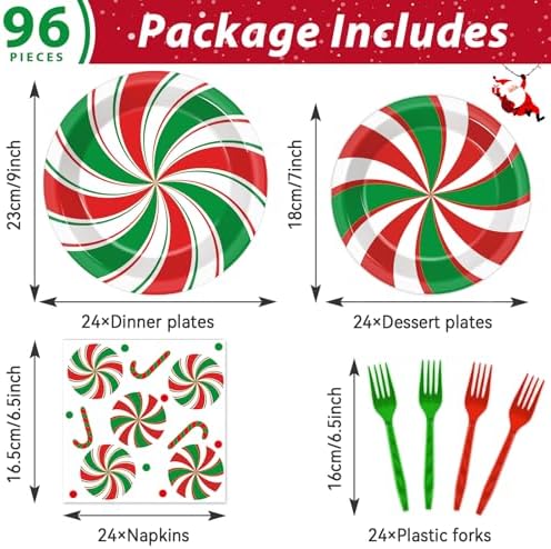 96 Pcs Christmas Peppermint Themed Plates Napkins Tableware Set for 24 Guests