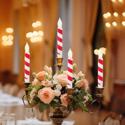 UPKOCH 6pcs Flameless Taper Candles Red White Striped LED Battery Operated