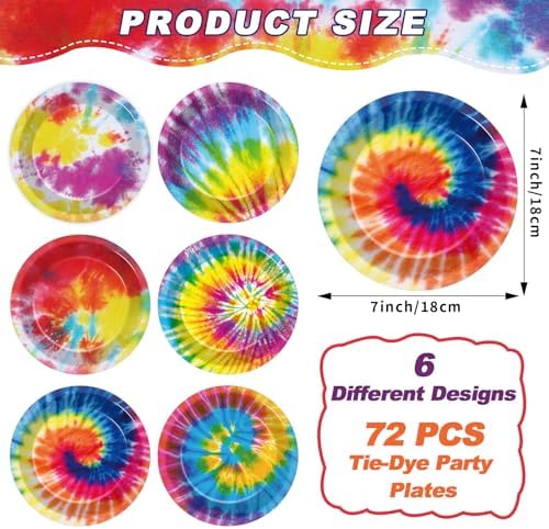 72PCS Rainbow Tie Dye Plates for 60s 70s Theme Party