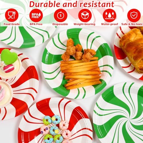 80Pcs Christmas Peppermint Disposable Plates 7 Inch Red Green Striped Partyware