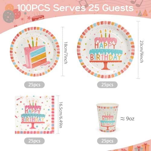 100pcs Birthday Plates Cups Napkins Set for 25 Guests