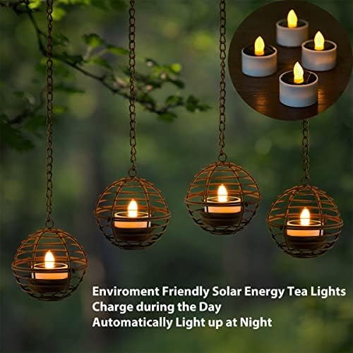 Solar Hanging Lanterns Outdoor Waterproof Rust Iron Ball Candle Holder 4Pack