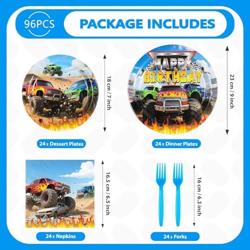 Grencian 96Pcs Monster Truck Party Plates and Napkins for Kids