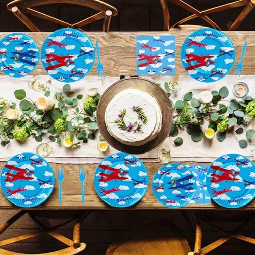 LetDec Airplane Theme Paper Plates Set for Kids Birthday Baby Shower Parties