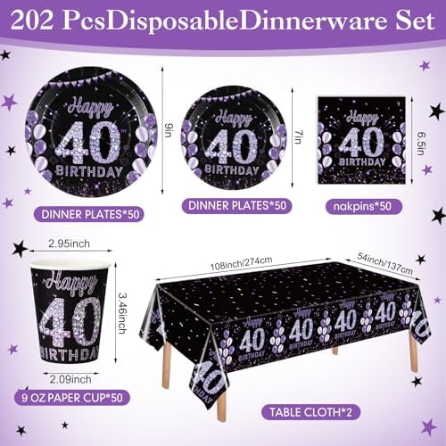 Pickmesh 202 Pcs 40th Birthday Plates Napkins Cups Tablecloth Set