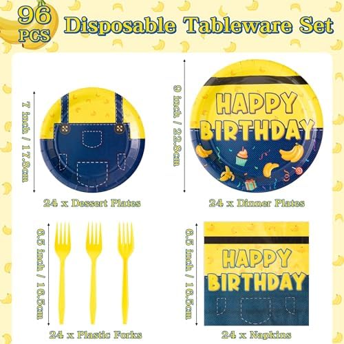 96Pcs Yellow Birthday Themed Party Tableware Set for Kids