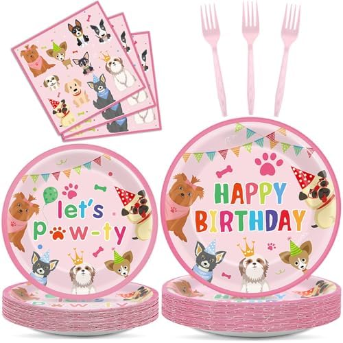 200Pcs Dog Birthday Decor Paper Plates Napkins Forks Set