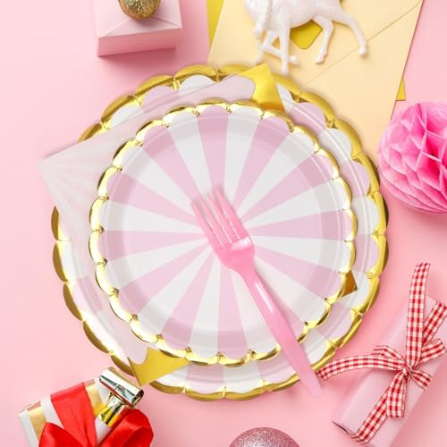 96PCS Pink and White Party Plates with Napkins and Forks