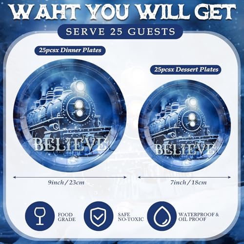 25 Pack Polar Train Christmas Plates PartyWare