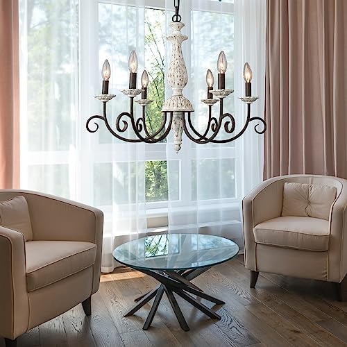 Farmhouse Chandelier 6 Light White Wood Black Metal Pendant