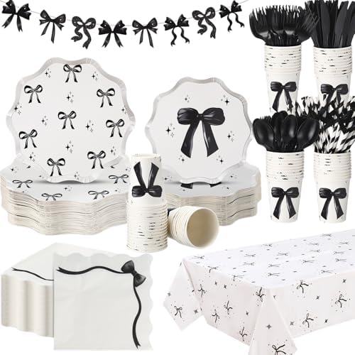 Sawysine 202 Pcs Black Bow Party Supplies Set for 25 Guests