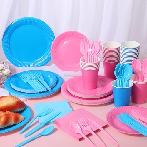Dandat 280 Piece Pink Blue Paper Plates Napkins Set