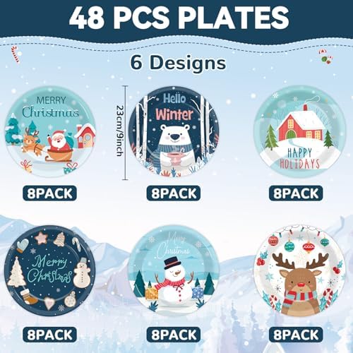 48Pcs Christmas Party Plates with Snowman Design