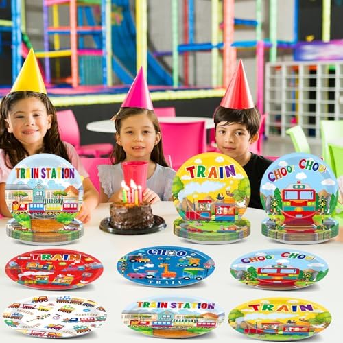 60Pcs Train Theme Paper Plates for Birthday Party