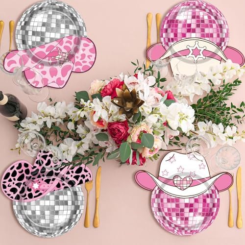 48Pcs Pink Disco Ball Cow Print Paper Plates for Cowgirl Party