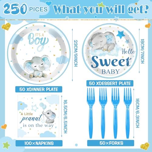 Havawish Blue Elephant Baby Shower Plates and Napkins Set
